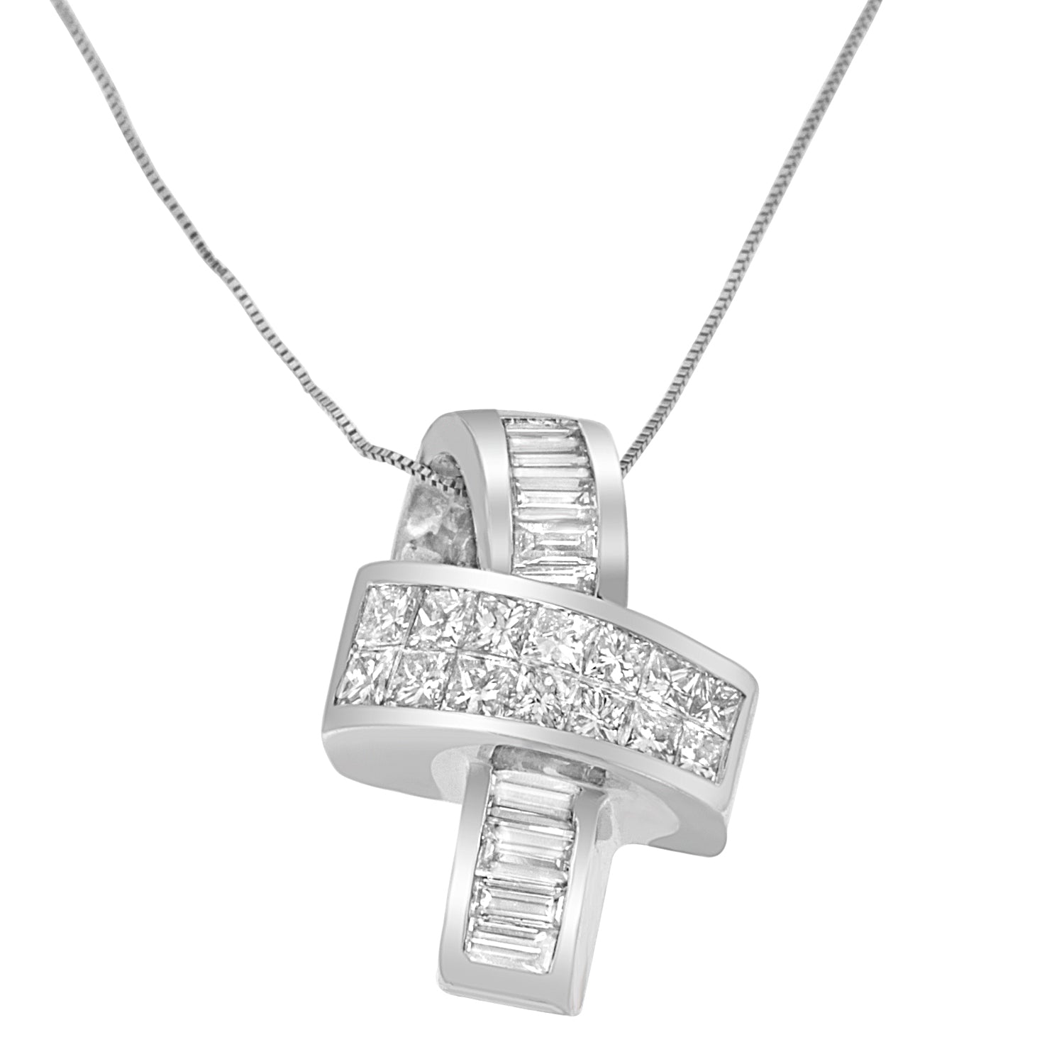 14K White Gold 2 cttw Princess and Baguette Cut Diamond Ribbon Pendant Necklace